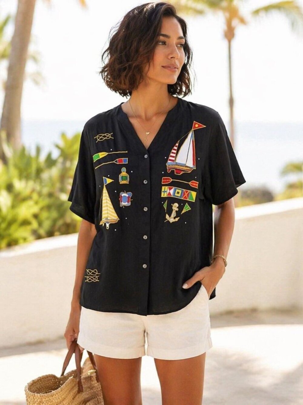 NWT QUACKER FACTORY Embroidered Black Button Top MEDIUM Hawaiian Vacation Luxury